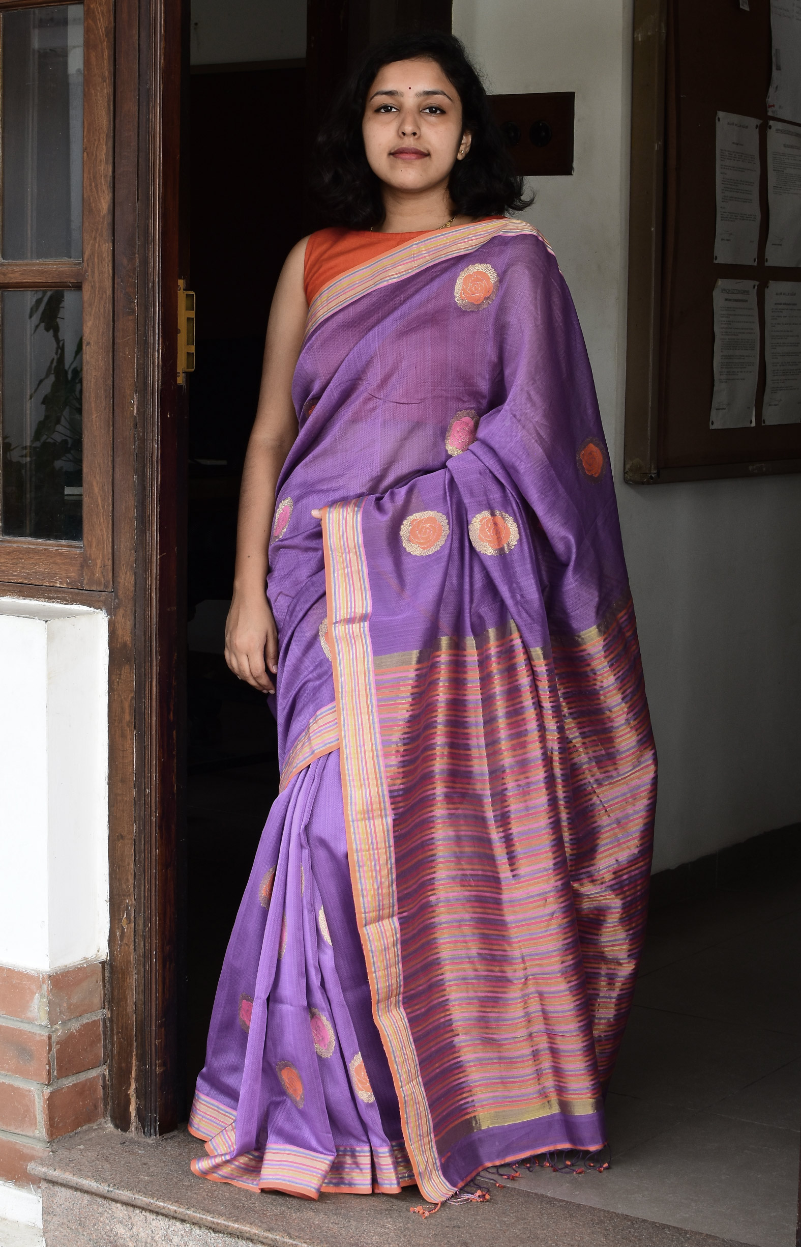 Purple, Handwoven Organic Cotton, Textured Weave , Jacquard, Festive Wear, Jari, Butta Saree